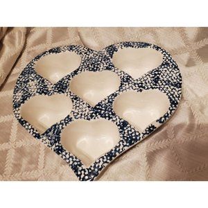 Vintage Heart Shaped Spongeware Stoneware Muffin Cupcake Baking Dish 12" LV Blue